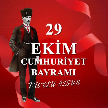 Mutlu 29 Ekim, Türkiye Cumhuriyeti Günü, 29 Ekim Cumhuriyet Bayrami kutlu olsun, Atatürk Silueti ve kırmızı kurdele geçmişi, Türk bayrağı, Sosyal medya posta tasarım şablonu.