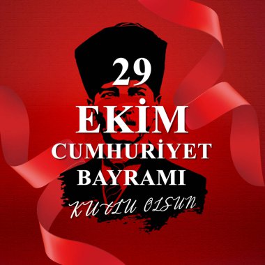 29 Ekim Cumhuriyet Bayrami kutlu olsun, Mutlu Ekim 29, Türkiye Cumhuriyeti Günü Kutlaması, Atatürk Silueti ve kırmızı kurdele geçmişi, Türk bayrağı, Sosyal medya posta tasarım şablonu.