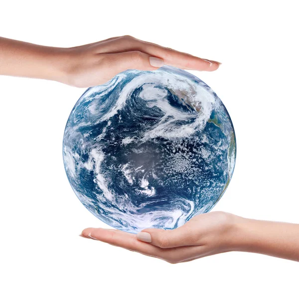 Duas Mãos Segurando Mundo Isolado Fundo Branco Salve Conceito Planeta — Fotografia de Stock