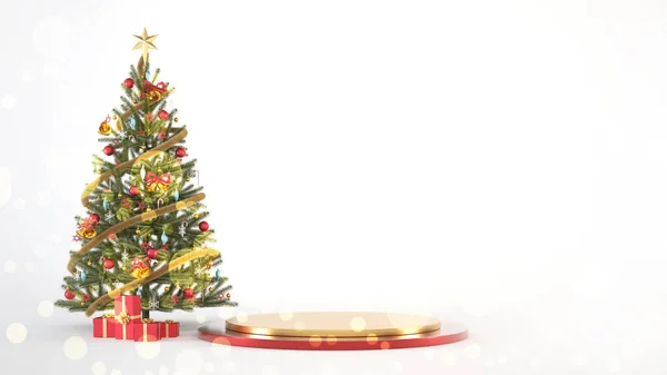 ボケ効果赤と金の幸せな新年の表彰台や製品表示のためのクリスマスツリーやギフトボックスとスタンド 3Dクリスマスコンセプトレンダリングイラスト — ストック写真