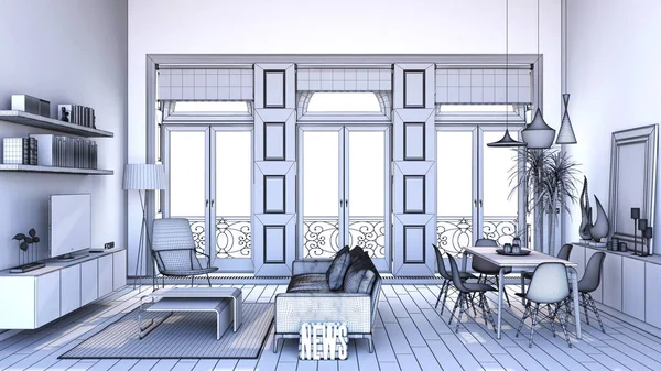 Wireframe Arhitectural Rendering Modern Living Room Interior Design Drawing Concept — Stock Photo, Image