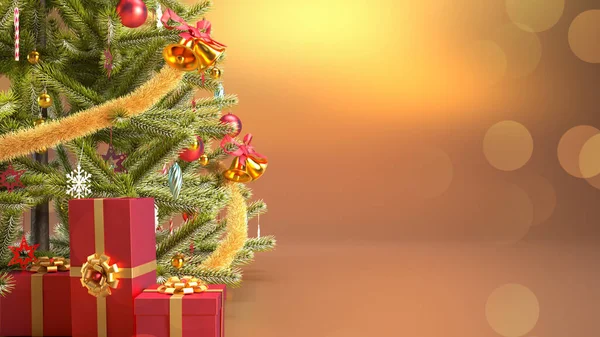 Efecto Bokeh Fondo Oro Árbol Navidad Con Cajas Regalo Rojas — Foto de Stock