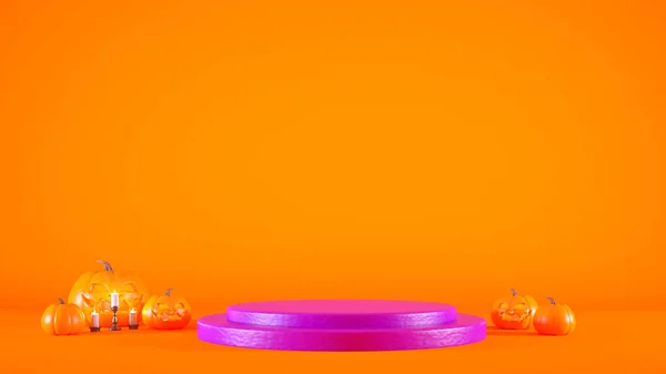 Concepto Podio Halloween Con Pedestal Púrpura Calabazas Sobre Fondo Naranja — Foto de Stock