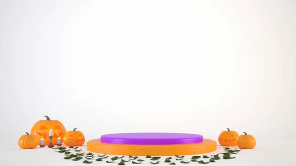 Concetto Podio Halloween Con Piedistallo Arancione Viola Pumkins Sfondo Bianco — Foto Stock