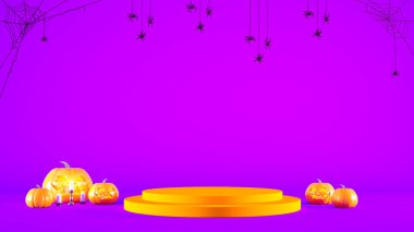 Portakal standı ve mor arka planda balkabakları olan cadılar bayramı podyumu konsepti. En düşük ve modern Cadılar Bayramı kaidesi 3D resimleme ürünlerini göstermek için.