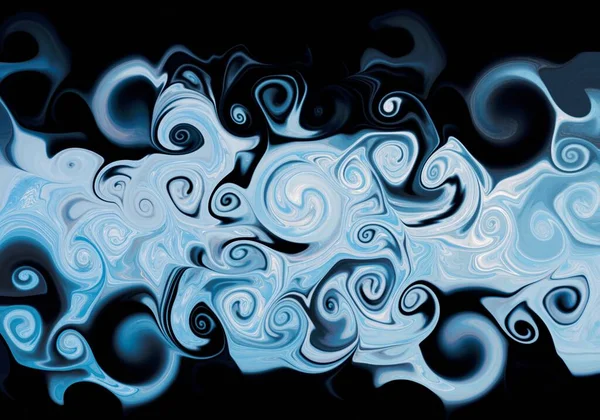 Streszczenie Jasnoniebiesko Biały Płyn Płynny Wirujący Marmur Falista Tekstura Czarnym — Zdjęcie stockowe