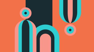 Mercan, cyan ve koyu mavi renk şekilli renkli soyut geometrik vektör sanat çizimi.