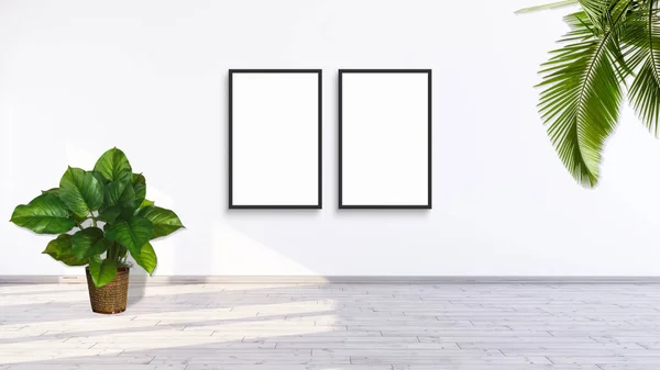 Two vertical frame mockup on a white gallery wall with wooden floor, palm leaves and green leaf plant pot 3d rendering illustration.