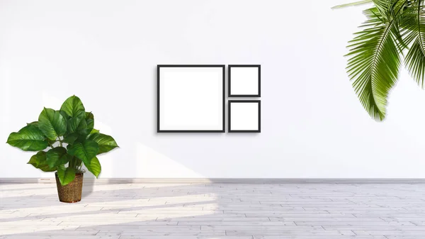 Three vertical frame mockup on a white gallery wall with wooden floor, palm leaves and green leaf plant pot 3d rendering illustration.