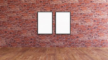 Ahşap zemin 3D resimli kırmızı tuğla bir galeri duvarında iki dikey çerçeve modeli..