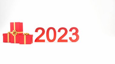 Kırmızı hediye kutuları ve altın kurdelelerle 2023 3D metin, mutlu yıllar arkaplan konsepti 3D resimleme.