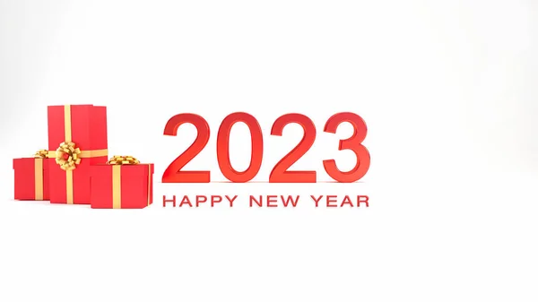 2023 3D text with red gift boxes and gold ribbons, happy new year background concept 3D rendering illustration.