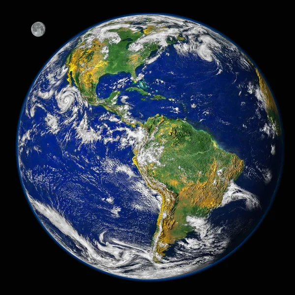 黒の背景に月と宇宙 北と南アメリカの物理的な地図から惑星地球地球 衛星写真 Nasaによって提供されたこの画像の要素 — ストック写真