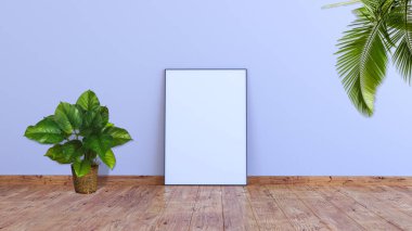 Beyaz gri bir duvarda dikey bir çerçeve modeli, ahşap zemin 3D ilüstrasyon..