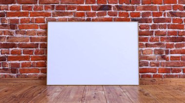 Yatay çerçeve, ahşap döşemeli kırmızı tuğla bir duvarda..