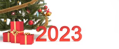 2023 Mutlu yıllar beyaz arka plan, Noel ağacı ve kırmızı hediye kutuları. 2023 Mutlu Noeller başlığı ya da afiş konsepti 3D resimleme.
