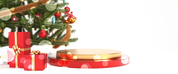 Bokeh的效果红和金的新年快乐的讲台或站在与圣诞树和礼物盒的产品展示 3D圣诞节标题或横幅概念渲染说明 — 图库照片
