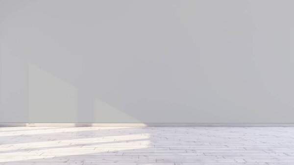 Пустая комната со светло-серой пустой стеной и солнечным светом через окно в комнате 3D рендеринга иллюстрации.