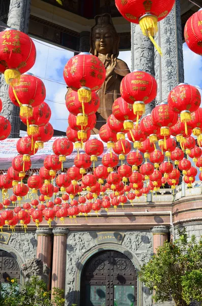 Chinese red lantern festival Happy Lunar Chinese New year. Celebrate chinese culture red golden lantern over blue sky sunshine daypray wish luck wealth happiness. Celebrate chinese new year chinatown