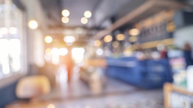 Perakende mağazasındaki bulanık arka plan alışveriş merkezi ışık saçan iş etkinliği. Marketin bulanık arka planı. Görüntü Kongresi Salonu seyircisi raflarda ürünleri sunar.
