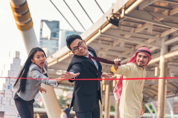 Business competition group of business people in formal suit run to finish line success goal victory strategy. Competitive person race to be first place winner. Multiethnic diversity people contest.