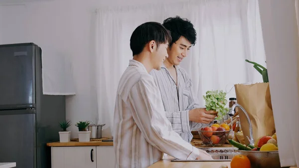 Happy Asian Gay Couple Homosexual Cooking Together Kitchen Prepare Fresh —  Fotos de Stock