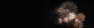 Banner Golden Firework celebrate anniversary happy new year 2023, 4th of july holiday festival. colorful gold firework celebrate national holiday. Banner new year 2023 party time with copy space