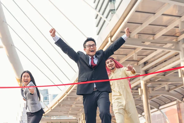 Multiethnic diversity people contest. Business competition group of business people in formal suit run to finish line success goal victory strategy. Competitive person race to be first place winner.