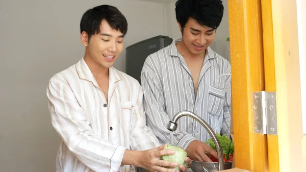 Happy Asian Gay Couple Homosexual Cooking Together Kitchen Wash Vegetable — Stock Fotó