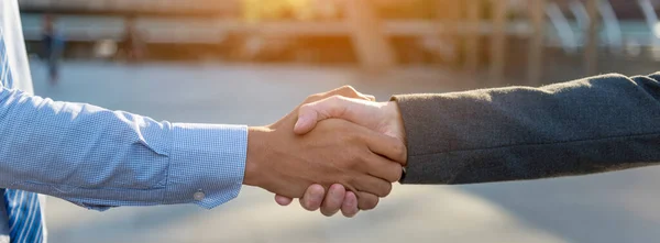 Banner Lawyer Teamwork Partnership Businessman Handshake Together Panorama Two Men — Stockfoto