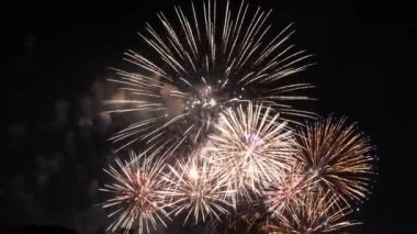 Golden Firework celebrate anniversary happy new year 2023, 4th of july holiday festival. Gold firework in the night time celebrate national holiday. Countdown to new year 2023 gold party time event