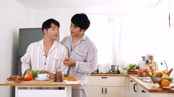Asian Gay Couple Homosexual Cooking Together Kitchen Prepare Fresh Vegetable — Video Stock