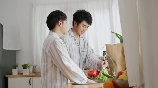 Asian Two Man Hands Wash Cleaning Fresh Vegetable Kitchen Happy — Stockvideo