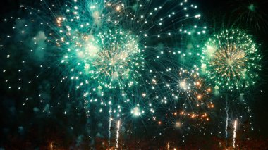 Green Firework celebrate anniversary happy new year 2023, 4th of july holiday festival. Green firework in night time celebrate national holiday. Countdown to new year 2023 festival party time event