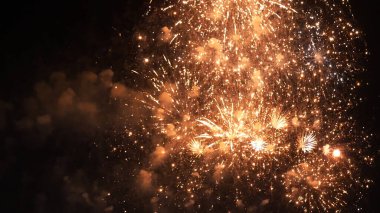 Golden Firework Happy new year 2023, 4th of july holiday festival concept. Golden Firework anniversary independence day night time celebrate national holiday. Countdown to new year 2023 party time