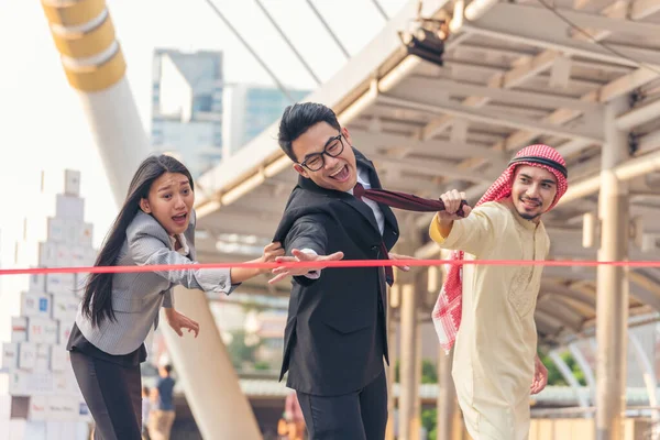 Multiethnic diversity people contest. Business competition group of business people in formal suit run to finish line success goal victory strategy. Competitive person race to be first place winner.