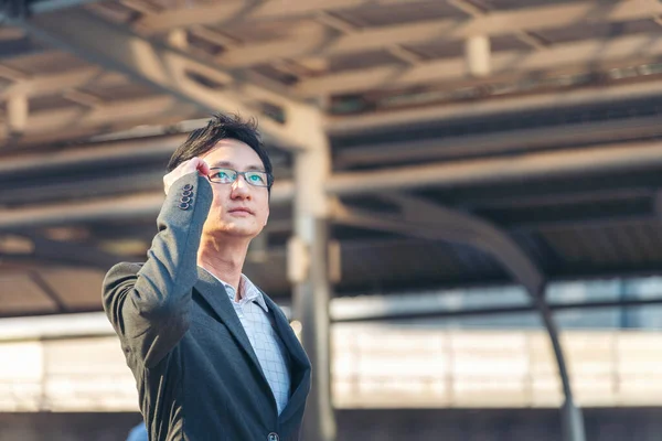 Asian Businessman Wear Suit Eye Glasses Standing Street Modern City — Stock Photo, Image