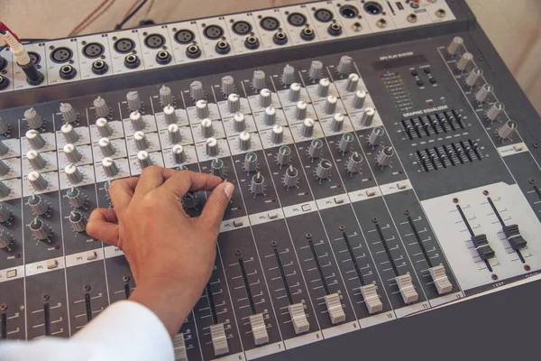 Production Sound Engineer Woman Hands Adjusting Volume Equalizer Voice Mixing — Stockfoto