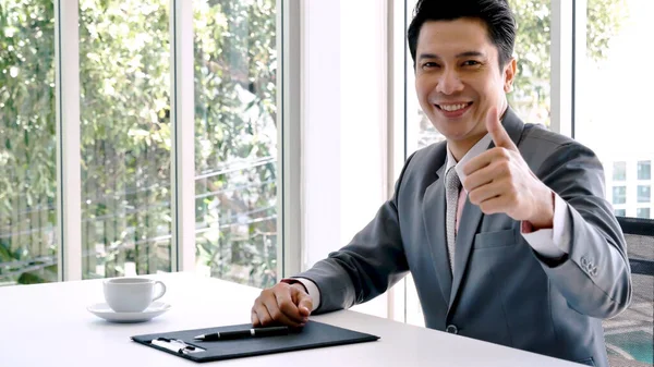 Asian Businessman Holding Hand Thumbs Satisfaction Job Positive Happy Good — Stock Photo, Image