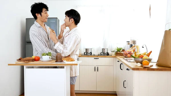 Happy Gay Couple Enjoy Breakfast Kitchen Drinking Coffee Two Best — Stock Photo, Image