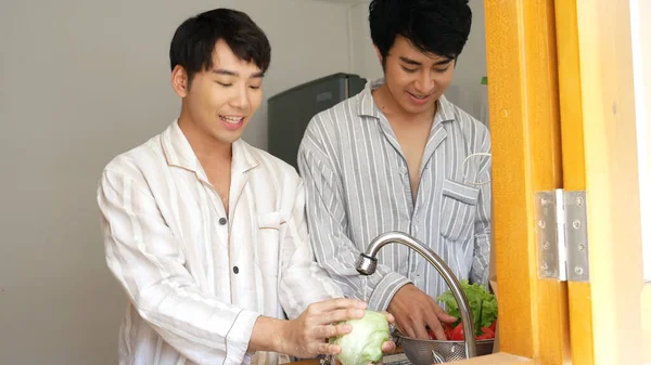 Asian Two Man Hands Wash Cleaning Fresh Vegetable Kitchen Happy — Stock Fotó