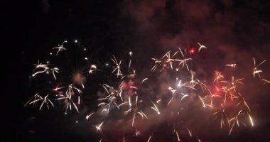 Havai fişekler yıldönümünü kutluyor. Mutlu yıllar 2023, 4 Temmuz bayram festivali. Ulusal bayramı kutlamak için gece vakti renkli havai fişekler. Yeni yıla geri sayım 2023 parti zamanı etkinliği.