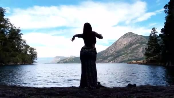 Silhouette Woman Dancing Her Back Surrounded Beautiful Landscape Bellydance Dance — 비디오