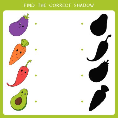 Sebze için doğru gölgeyi bul. Çocuklar için basit bir eğitim oyunu. Vektör çalışma tablosu