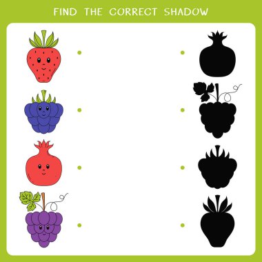 Meyve ve böğürtlen için doğru gölgeyi bul. Çocuklar için basit bir eğitim oyunu. Vektör çalışma tablosu