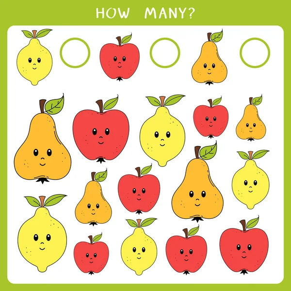 Jogo Matemática Educacional Para Crianças Conte Quantas Maçãs Peras Limões — Vetor de Stock