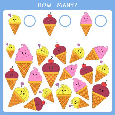 Çocuklar için eğitici matematik oyunu. Kaç tane dondurma say ve sonucu yaz. Vektör çalışma tablosu