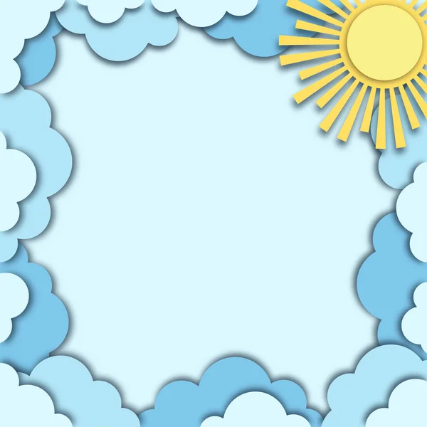 Blue Sky Clouds Sun Paper Cut Style Cute Square Frame — Stock Vector