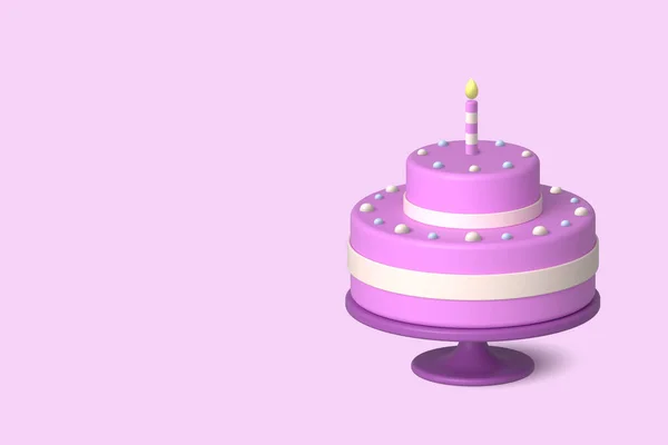 テキストのためのスペースとピンクの背景に紫色のアイシングとキャンドルでかわいいケーキ 誕生日とお祝いのコンセプト 3Dイラスト — ストック写真