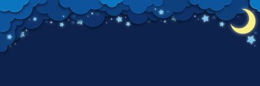 Gece gökyüzü, bulutlar, ay ve yıldızlar kağıt kesim stilinde. Mesajın için güzel bir arkaplan. Vektör illüstrasyonu